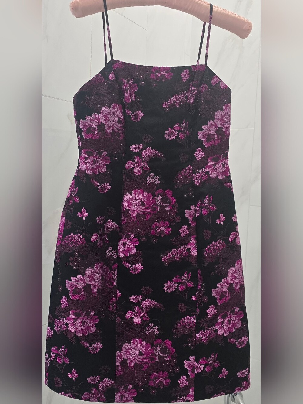 Warehouse London,UK Vintage Black Floral Neon-glow Mini Dress Spaghetti Straps.6 - Picture 1 of 5